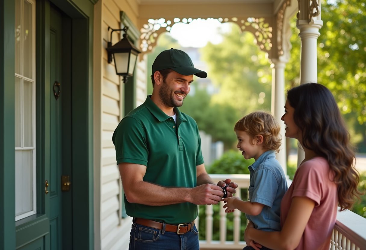 Locksmith handing new keys to a family on their verandah — Middle Dural
